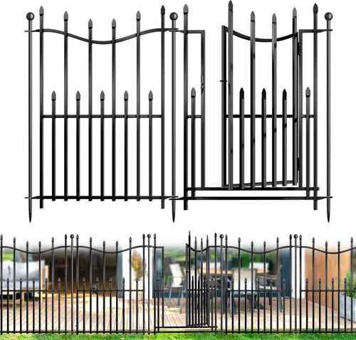 Vista 10 de 5 paneles de valla decorativa para jardín sin excavación con puerta, 24 pulgadas de alto x 11 pies de largo, paneles de metal resistentes a