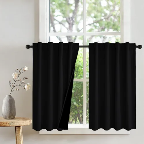 Vista 23 de PONY DANCE Cortinas opacas 100% cortas de 24 pulgadas de largo, medias cortinas con aislamiento térmico para ventanas pequeñas con parte trasera