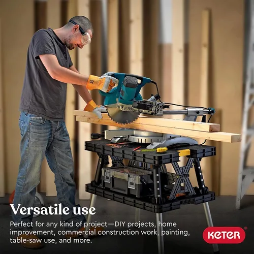 Vista 4 de Keter Mesa de trabajo plegable, banco de trabajo portátil con abrazaderas de 12 pulgadas para garaje/taller de madera, resistente y para todo tipo