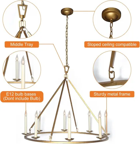 Vista 2 de LOVEDIMA Candelabro de rueda de carro, color dorado, rústico, de 35.4 pulgadas, con forma de vela, de metal con forma de vela, lámpara colgante