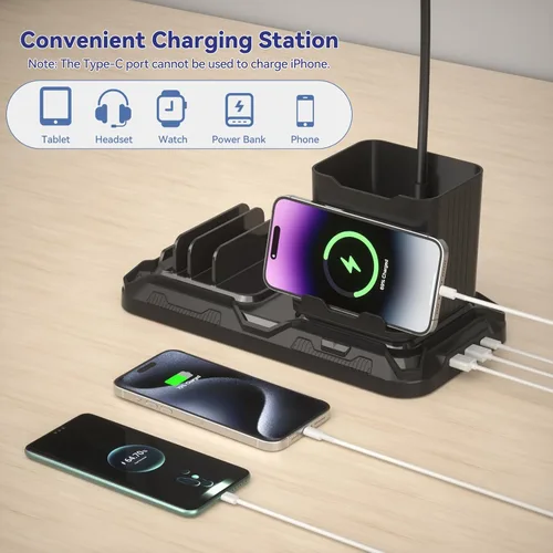 Vista 6 de KDD Lámpara de escritorio con puertos de carga USB A y C, luz de escritorio de lectura con bolígrafo y soporte para teléfono, luces de brillo