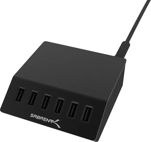 SABRENT Cargador rápido de escritorio USB Premium 60 W (12 amp) 6 puertos de aluminio tamaño familiar.[Certificado UL] Cargador USB inteligente con