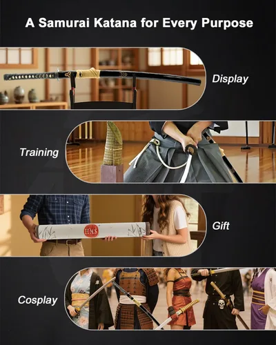 Vista 6 de HMS Fully Functional Hattori Hanzo Katana Sword, 1045 Carbon Steel, Hand Forged Heat Tempered, Full Tang, Sharp, Black Scabbard