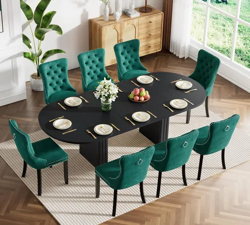 Vista 61 de Pvillez Extendable Dining Table Set of 8, Black Oval Dining Room Table & 8 Black Velvet Dining Chairs with Wood Leg, 62.99"-78.74" Kitchen Table and