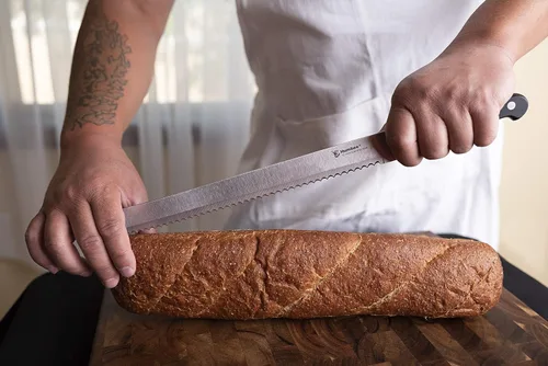 Vista 6 de Cuchillo de pan dentado de 12 pulgadas, hoja de acero inoxidable de alta calidad con borde ondulado, mango de espiga completa, cuchillo afilado