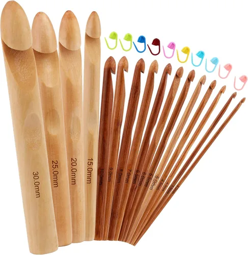 16 piezas de ganchos de ganchillo de madera, de 3 a 30 mm de diámetro, mango de ganchillo, agujas de tejer con 10 marcadores de punto de tejer para