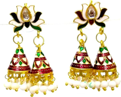 DESI HAWKER Lotus Meenakari Minakari Pintura Esmalte Oro Pendiente Hecho A Mano Bali Jhumki Jhumka Joyería Étnica Drop Cuelga Araña NI-337, Metal