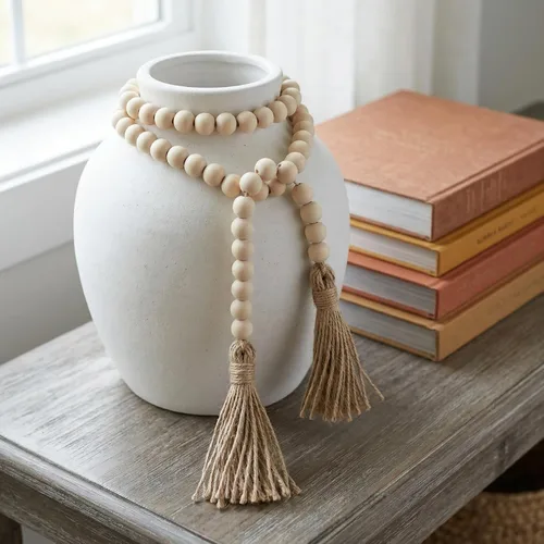 Vista 9 de Cuentas estilo granja, guirnalda de cuentas de madera de 58 pulgadas con borlas, decoración rústica de campo, cuentas bohemias de oración