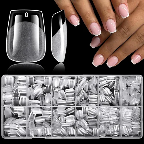Vista 13 de LoveOurHome 750 puntas de uñas cortas de almendra, uñas postizas transparentes, uñas cortas de gel de almendra, uñas acrílicas de cobertura