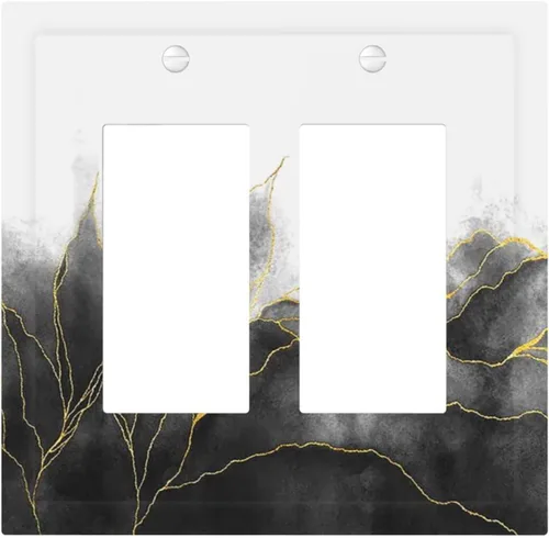 Vista 112 de Cubiertas de tomacorrientes, mármol negro y dorado, hojas blancas doradas, 1 palanca, 1 combinación basculante, placa decorativa de pared, placa