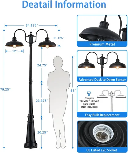 Vista 2 de Luz de Poste para Exteriores, Lámpara de Poste para Exteriores de Anochecer a Amanecer, Luces de Poste de 2 Cabezales Estilo Granja, Accesorio