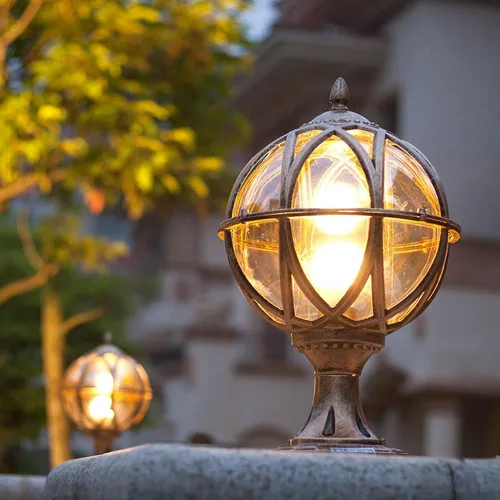 Vista 8 de Lámpara de poste al aire libre, lámpara de pilar de bola de vidrio ámbar retro, impermeable, lámpara de columna exterior, patio, jardín, parque