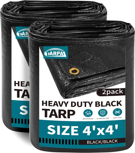 TARPAL Lona impermeable de 4 x 4 pies (paquete de 2) lona negra resistente de polietileno de 14 mil, lona multifuncional, protección contra la nieve
