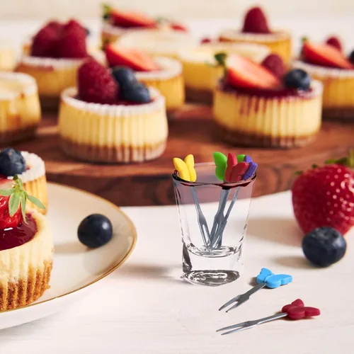 Vista 2 de Tenedores de cóctel, 6 tenedores de aperitivos, mariposas, tenedores pequeños de acero inoxidable y silicona para frutas, queso, aperitivos