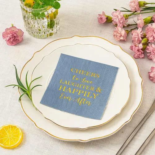 Vista 3 de Crisky Servilletas de despedida de soltera de color azul polvoriento, servilletas de cóctel desechables de papel de aluminio dorado, servilletas