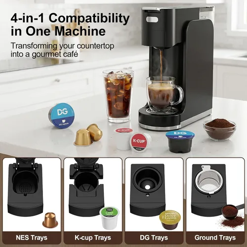 Vista 2 de All-in-1 Single Serve Coffee Machine, Hot and Iced Coffee Maker for Ground Coffee, K-Cup Pod, NES Original and DG Pod, 20 Bar Espresso Coffee Maker
