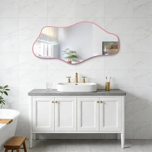 Vista 32 de Espejo irregular sin marco, 35.8 x 17.7 pulgadas, espejos de pared asimétricos decorativos, modernos espejos abstractos de vidrio templado para sala