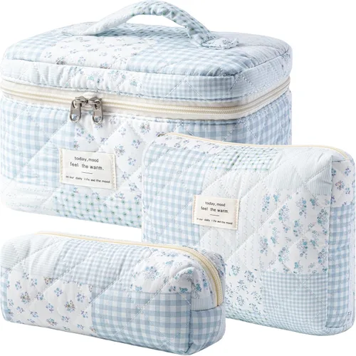 Vista 25 de HBselect Bolsa de Maquillaje Acolchada, 3 Piezas de Gran Bolsa de Maquillaje de Viaje de Algodón, Linda Bolsa de Maquillaje Floral Coquette, Bolsa