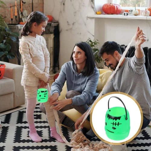 Vista 5 de Cubo de caramelos de calabaza mini cesta de dulces de Halloween con asa para golosinas de fiesta y niños truco o trato Verde