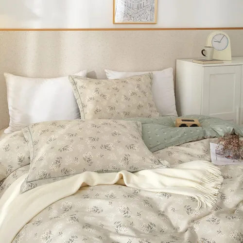 Vista 2 de EAVD - Juego de funda nórdica con motivos florales botánicos, tamaño King, 100 % algodón, suave y reversible, 2 fundas de almohada, funda de edredón