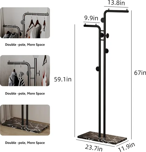 Vista 6 de HKaikzo Perchero de doble polo independiente, moderno perchero de metal con 5 ganchos y base de mármol natural, para dormitorio, oficina, pasillo