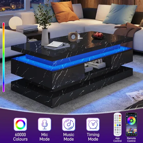 Vista 5 de Mesa auxiliar moderna de 47.2 pulgadas con alto brillo LED y 2 cajones deslizantes, mesas centrales de doble capa con luces LED para muebles de sala