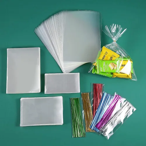 Vista 8 de 200 bolsas de celofán planas de celofán de 5 x 11 pulgadas con lazos torcidos de 6 colores, embalaje de galletas, dulces, postres de regalo, bolsas