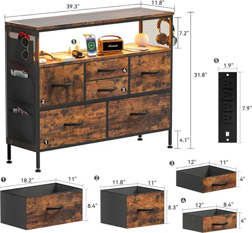Vista 35 de Cómoda para dormitorio, soporte de TV con tomas de corriente y luz LED, cómoda de 6 cajones con bolsillos laterales y ganchos, cómoda ancha