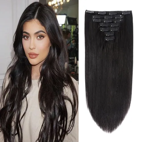 Vista 25 de Extensiones de cabello humano con clip de 14 pulgadas, 4.33 oz, 7 piezas, 16 clips, color marrón chocolate, doble trama, extensiones de cabello Remy