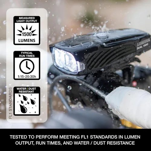 Vista 2 de NiteRider Lumina Dual 1500 Lumen USB-C recargable dual LED luz delantera para bicicleta – 7 modos potentes lúmenes IP64 impermeable faro
