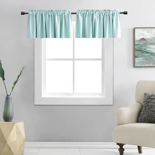 DONREN Cenefas opacas de ventana de 12 pulgadas de largo para loft, cenefas de cocina aguamarina con bolsillo para barra (42 x 12 pulgadas, 2