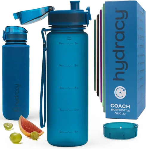 Vista 22 de Hydracy Botella de agua con horas para beber marcadas, grande, sin bisfenol A, a prueba de fugas, funda anticondensación, para gimnasio, con colador