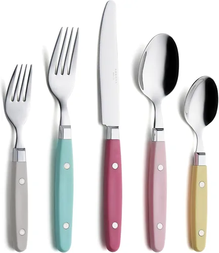 Vista 22 de Set de cubiertos Annova, vajilla de acero inoxidable colorida retro/remache para mesa y cocina, juego de cubiertos de 20 piezas, incluye cuchillos