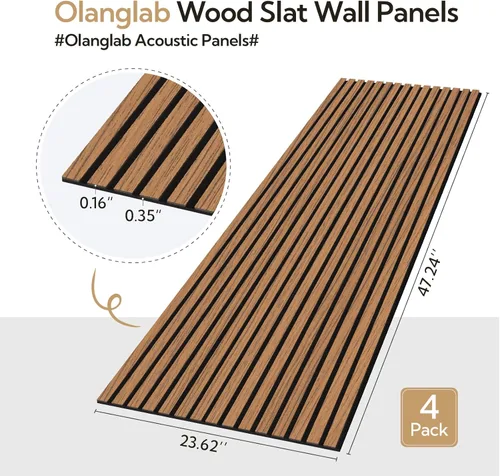 Vista 2 de Olanglab Paquete de 4 paneles de pared de madera acústica, paneles de pared de listones de madera con amortiguación de sonido, 23.6 x 47.2 pulgadas