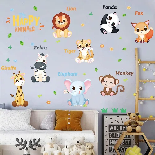 Vista 5 de Supzone Calcomanía de pared de animales de la selva, calcomanías de pared educativas para niños, diseño de jirafa, mono, león, jirafa, decoración