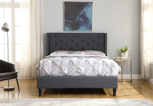 Vista 9 de Base de cama de plataforma tapizada completa con cabecero de 51 pulgadas de alto, cama de tela copetuda con botones, soporte de listones de madera