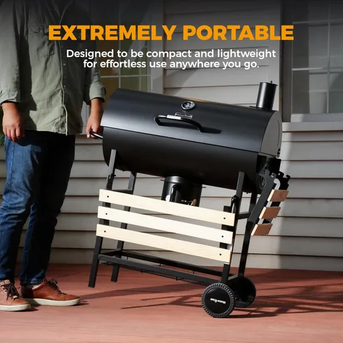 Vista 7 de MASTER COOK Parrilla de carbón de barril con estante frontal plegable de madera, 686 pies cuadrados área de cocción al aire libre, termómetro