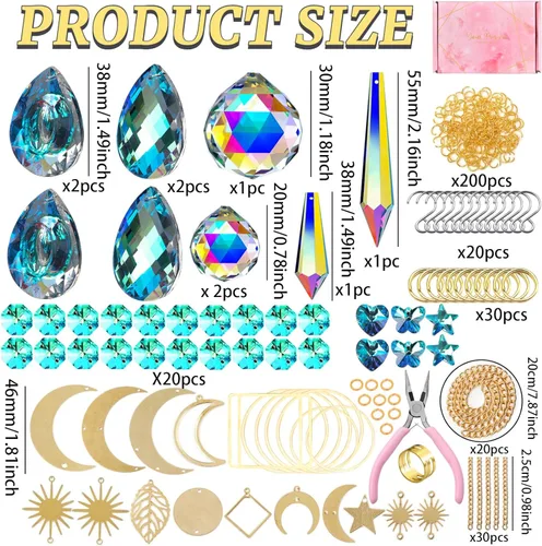 Vista 6 de Juego de 370 piezas de atrapasoles de cristal, lámparas de araña colgantes, piezas de prismas de arco iris, colgantes para colgar ventanas