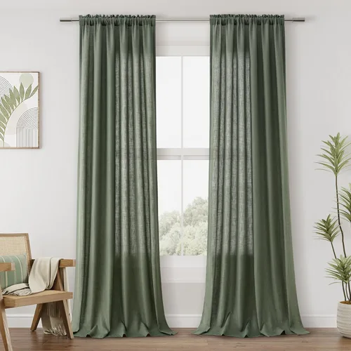 Vista 125 de Guken Cortinas de lino verde aguamarina de 84 pulgadas de largo, juego de 2 paneles semitransparentes con bolsillo para barra para comedor