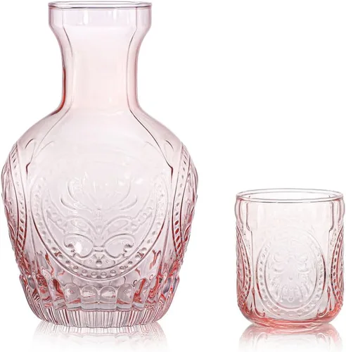 Vista 7 de Jarra de agua de noche de cristal retro en relieve con vaso, jarra y taza de noche, color rosa