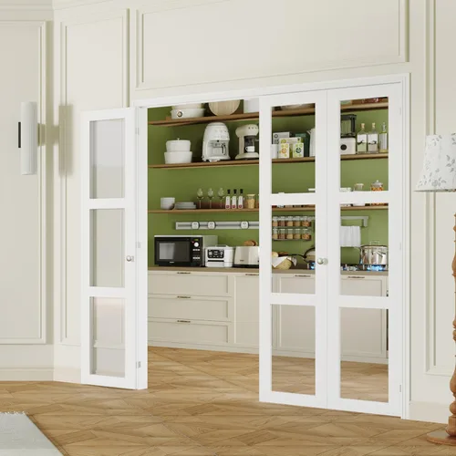 Vista 21 de Puerta Plegable de 180 Grados, para Aberturas de Puerta de Despensa de 24″x 80″, Puerta Plegable Blanca 1-Lite con Vidrio Esmerilado con Conjunto