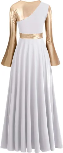 Vista 3 de IBAKOM Vestido largo de alabanza litúrgica para mujer, color dorado metálico, ajuste holgado, longitud completa, ropa de baile de iglesia