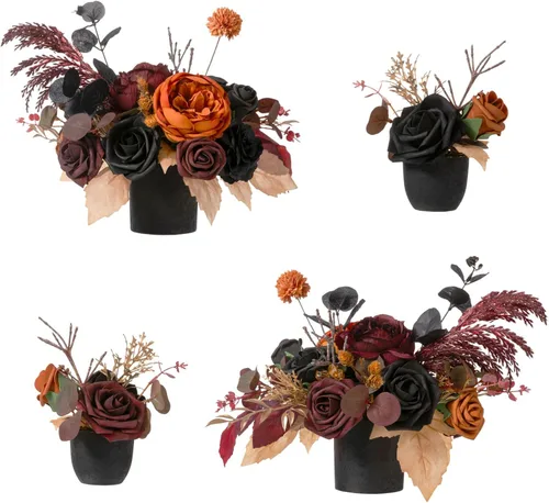 Ling's moment Centro de mesa de boda flor con jarrón para ceremonia/recepción, mantel de mesa, arco, pasillo, juego de 4 | negro y terracota