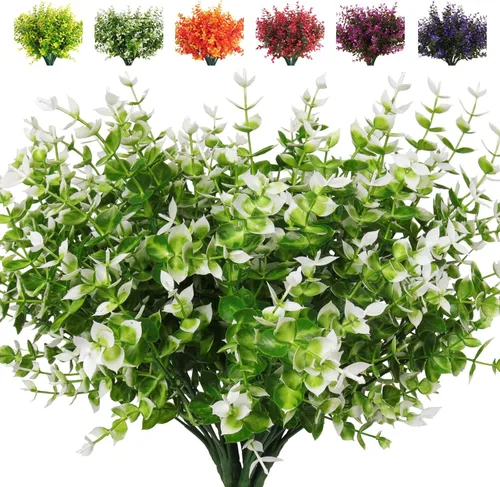 Vista 30 de RECUTMS - 8 ramas de flores artificiales, eucalipto artificial realistas, resiste rayos ultravioleta, para jardín, patio, boda, oficina y casa