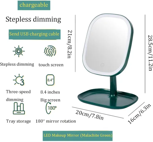Vista 2 de Espejo de maquillaje LED, recargable por USB, espejo de tocador de mesa iluminado, 3 modos de color, espejo independiente giratorio de 180°