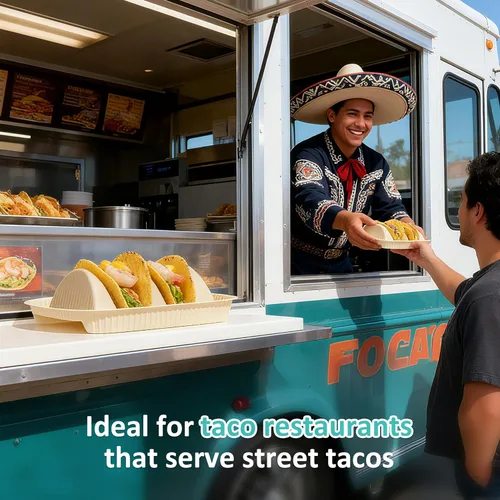 Vista 7 de Paquete de 50 platos desechables para tacos para 2 tacos, para la mayoría de conchas duras pequeñas de 4 a 6 pulgadas, platos biodegradables