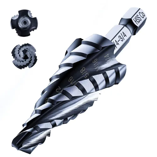 Vista 10 de TOOLANT Broca de paso de cobalto con cuatro ranuras en espiral (Pro), 3/16" - 7/8" (12 tamaños de pasos) Broca de paso lista para impactos Unibit