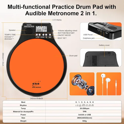 Vista 4 de ENO MUSIC Dispositivos de práctica de tambor de percusión y metrónomo electrónico integrado 2 en 1 Instrumentos musicales electrónicos Almohadilla