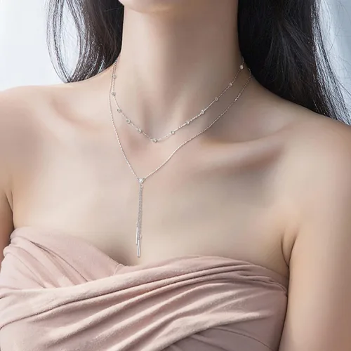Vista 6 de Lariat - Collar en capas de plata de ley 925, gargantilla en capas en Y, joyería de Navidad, regalos para mujer