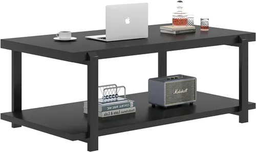 Vista 8 de FOLUBAN Mesa de centro negra, moderna mesa central de madera rústica con almacenamiento para sala de estar, mesa de té de cóctel rectangular